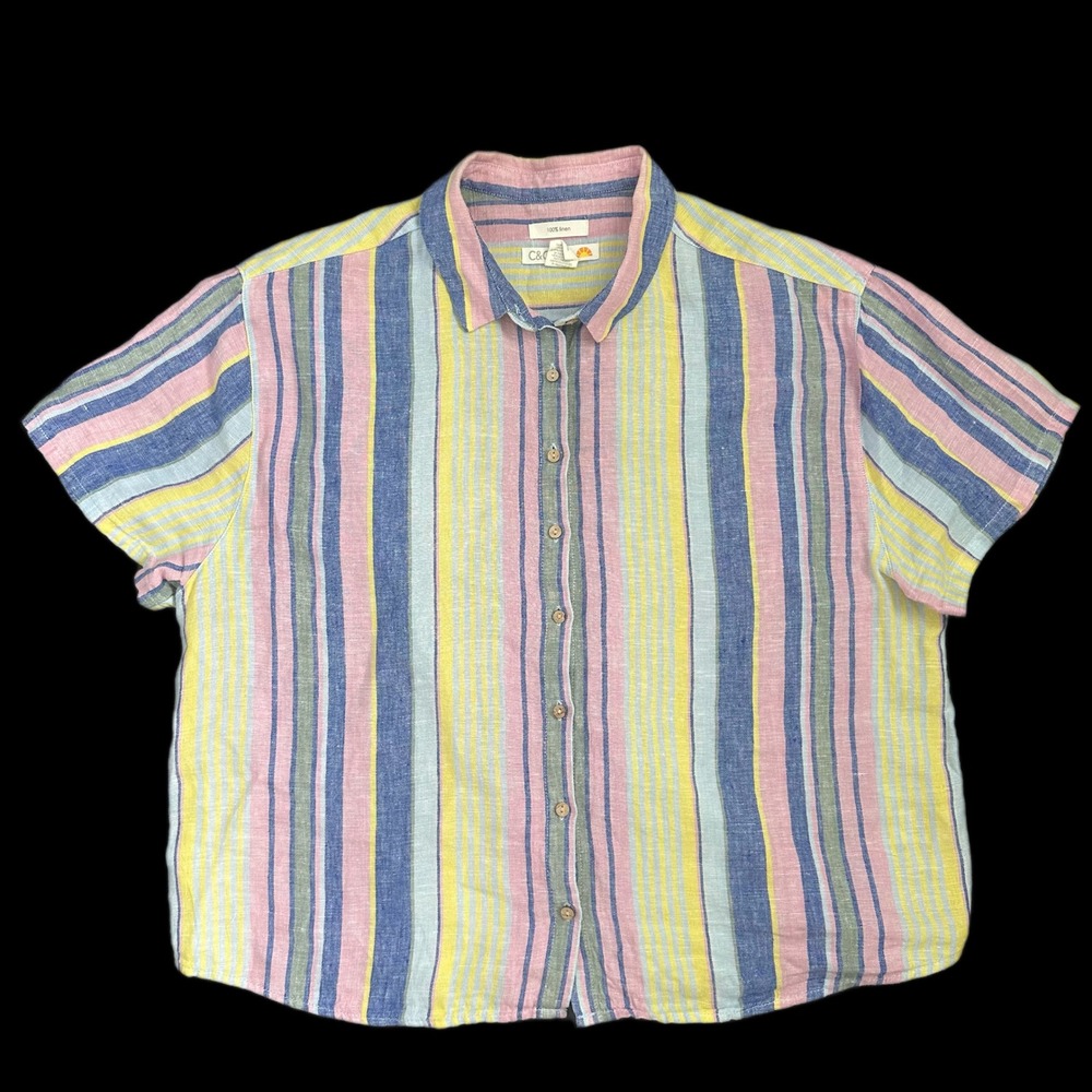 C&C California Women Large 100% Linen Short Sleeve Striped Button Down Shirt - Picture 1 of 5